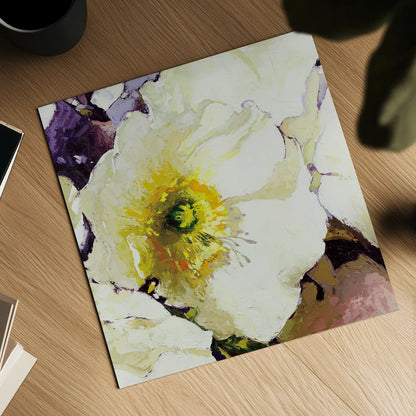 White Poppies Up Close by Shirley Novak. Shown as a detailed flat fine art print, highlighting archival giclee quality. Available as an archival giclee rolled canvas, fine art paper, or poster print. SKU 90696a.