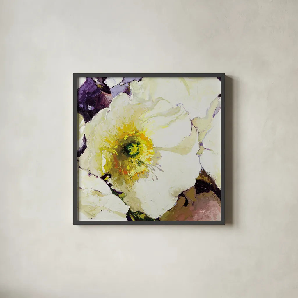 White Poppies Up Close by Shirley Novak. Shown in a sleek black glass frame for a contemporary gallery look. Available as an archival giclee rolled canvas, fine art paper, or poster print. SKU 90696a.
