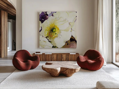 White Poppies Up Close by Shirley Novak. Shown as extra-large giant wall art in a modern living room. Available as an archival giclee rolled canvas, fine art paper, or poster print. SKU 90696a.