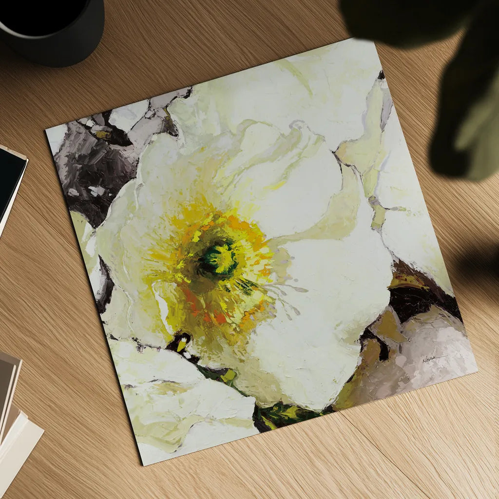 White Poppies Up Close Neutral by Shirley Novak. Shown as a detailed flat fine art print, highlighting archival giclee quality. Available as an archival giclee rolled canvas, fine art paper, or poster print. SKU 91408a.