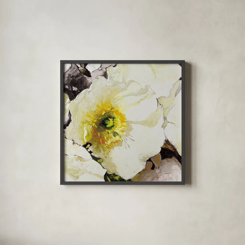 White Poppies Up Close Neutral by Shirley Novak. Shown in a sleek black glass frame for a contemporary gallery look. Available as an archival giclee rolled canvas, fine art paper, or poster print. SKU 91408a.