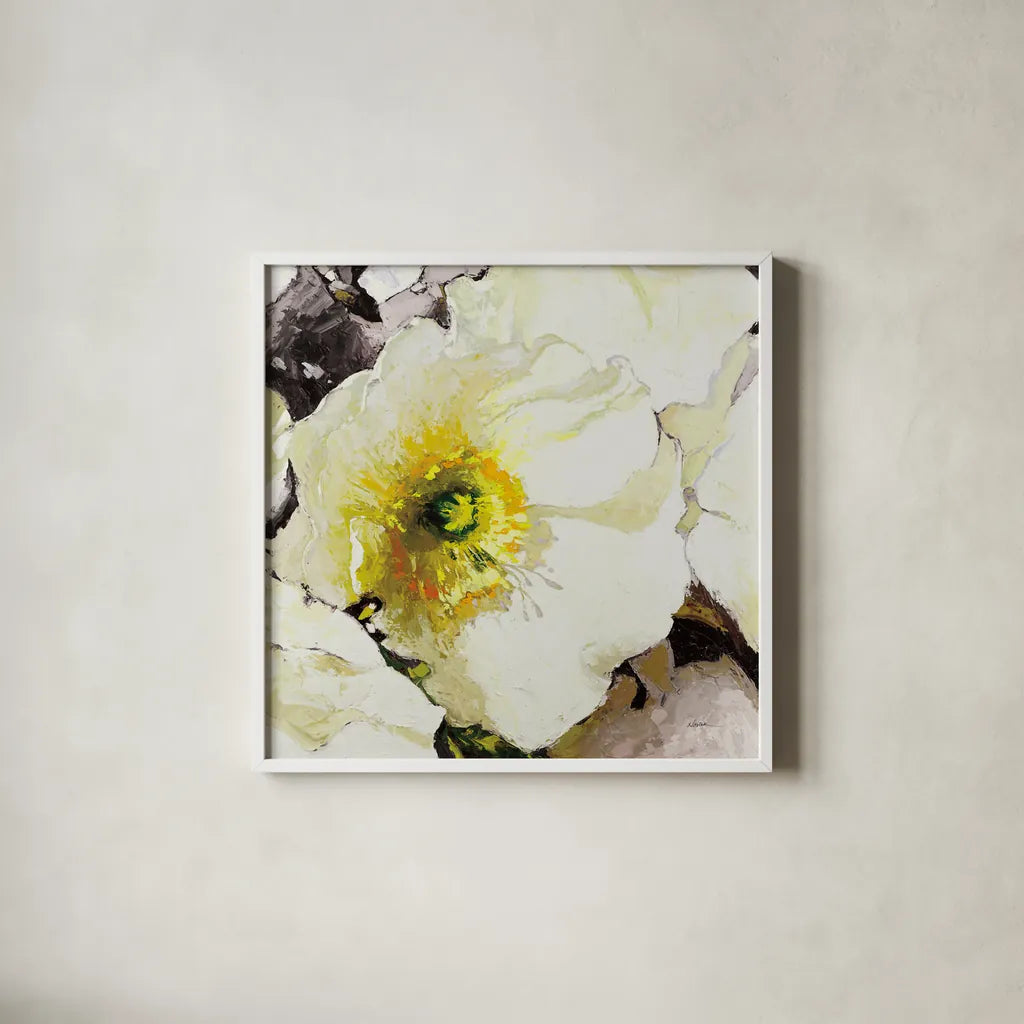 White Poppies Up Close Neutral by Shirley Novak. Shown in a crisp white glass frame for a clean and minimalist style. Available as an archival giclee rolled canvas, fine art paper, or poster print. SKU 91408a.