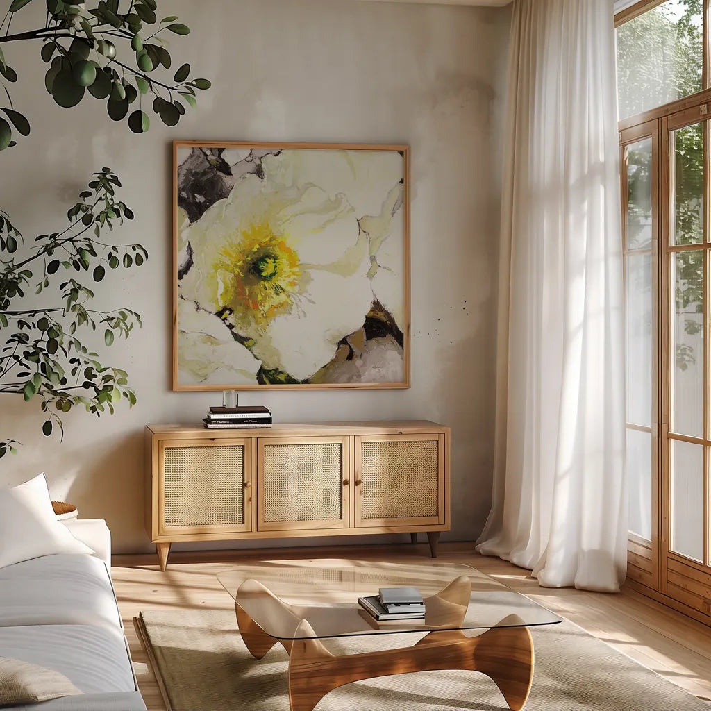 White Poppies Up Close Neutral by Shirley Novak. Shown in a natural wood frame in a cozy modern living room. Available as an archival giclee rolled canvas, fine art paper, or poster print. SKU 91408a.