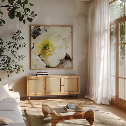 White Poppies Up Close Neutral by Shirley Novak. Shown in a natural wood frame in a cozy modern living room. Available as an archival giclee rolled canvas, fine art paper, or poster print. SKU 91408a.