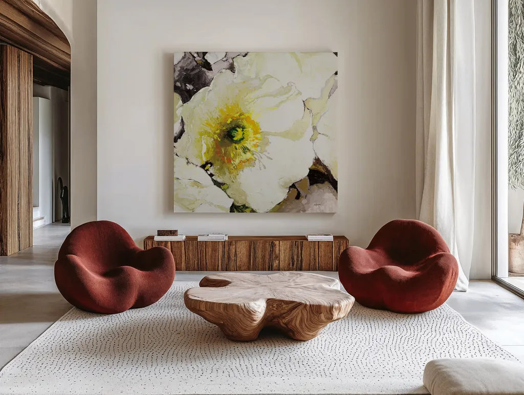 White Poppies Up Close Neutral by Shirley Novak. Shown as extra-large giant wall art in a modern living room. Available as an archival giclee rolled canvas, fine art paper, or poster print. SKU 91408a.