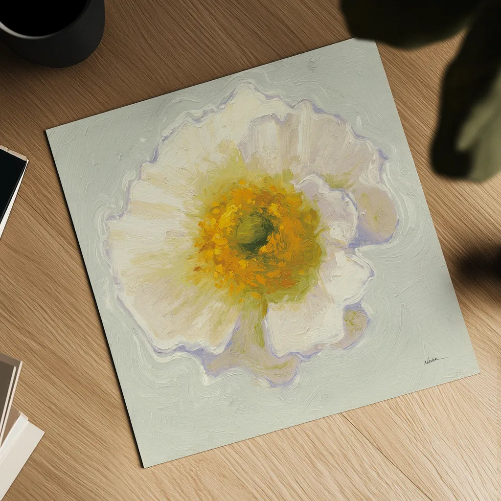White Poppy Bit by Shirley Novak. Shown as a detailed flat fine art print, highlighting archival giclee quality. Available as an archival giclee rolled canvas, fine art paper, or poster print. SKU 11827a.