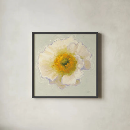 White Poppy Bit by Shirley Novak. Shown in a sleek black glass frame for a contemporary gallery look. Available as an archival giclee rolled canvas, fine art paper, or poster print. SKU 11827a.