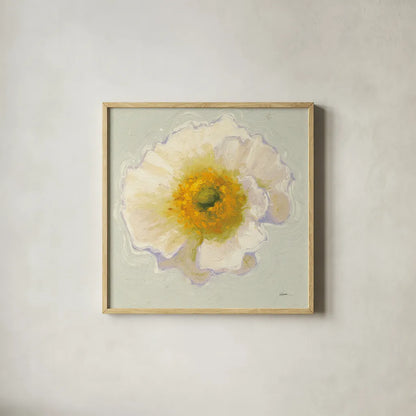White Poppy Bit by Shirley Novak. Shown in a natural wood glass frame for a timeless modern aesthetic. Available as an archival giclee rolled canvas, fine art paper, or poster print. SKU 11827a.