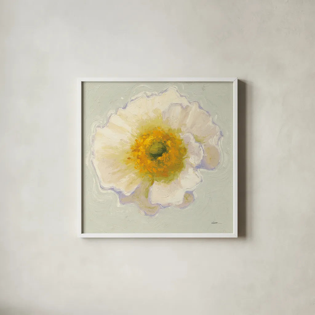 White Poppy Bit by Shirley Novak. Shown in a crisp white glass frame for a clean and minimalist style. Available as an archival giclee rolled canvas, fine art paper, or poster print. SKU 11827a.