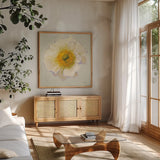 White Poppy Bit by Shirley Novak. Shown in a natural wood frame in a cozy modern living room. Available as an archival giclee rolled canvas, fine art paper, or poster print. SKU 11827a.