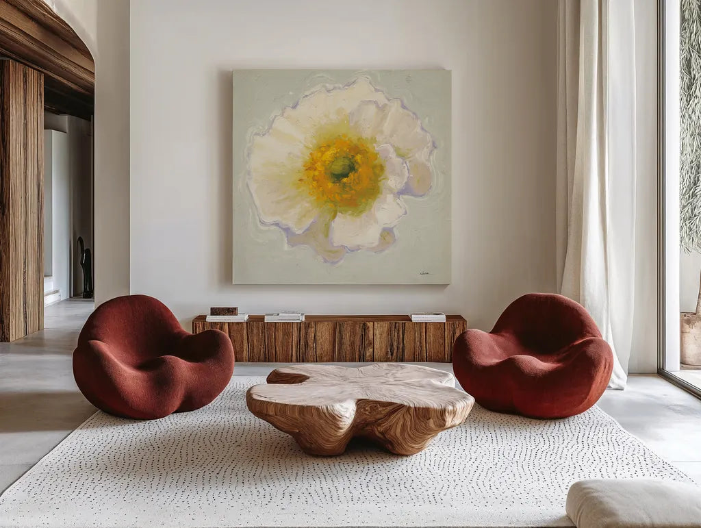 White Poppy Bit by Shirley Novak. Shown as extra-large giant wall art in a modern living room. Available as an archival giclee rolled canvas, fine art paper, or poster print. SKU 11827a.