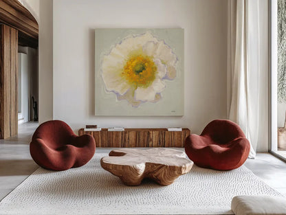 White Poppy Bit by Shirley Novak. Shown as extra-large giant wall art in a modern living room. Available as an archival giclee rolled canvas, fine art paper, or poster print. SKU 11827a.