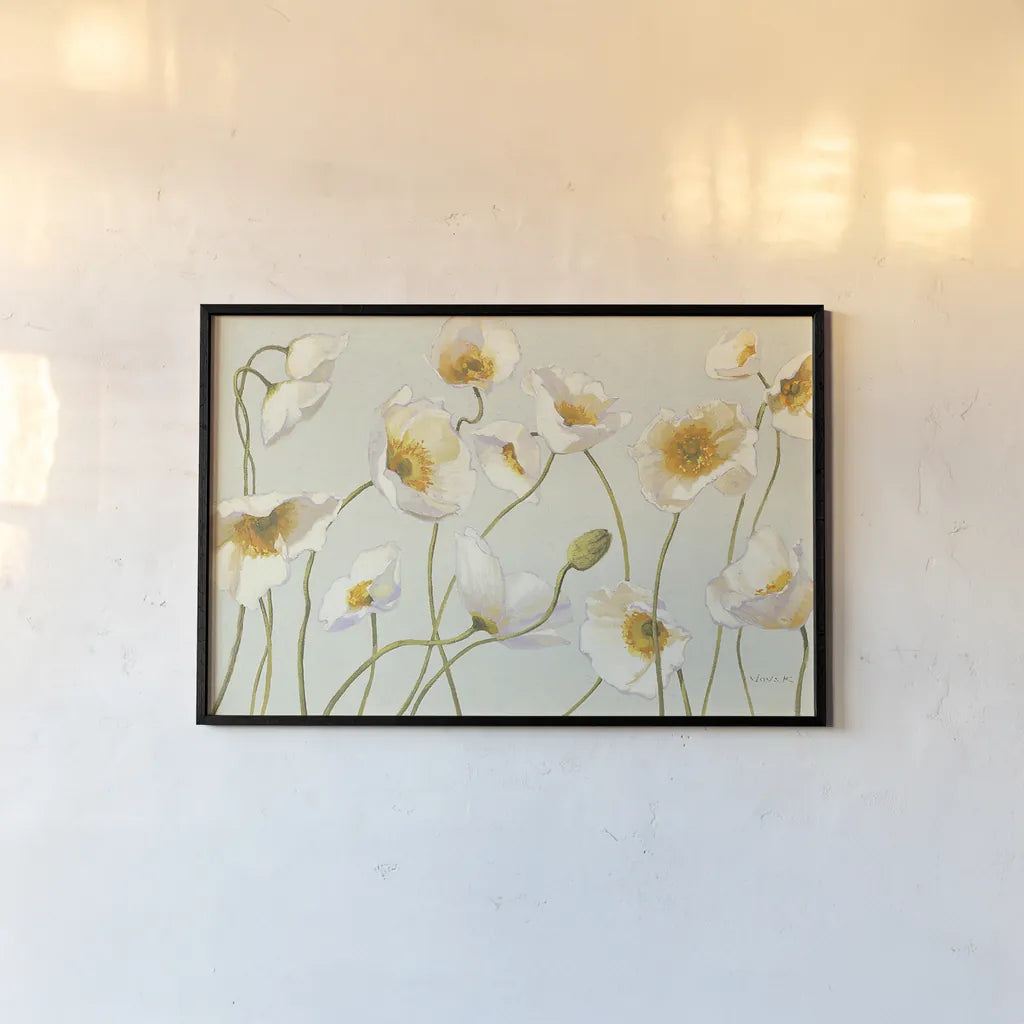 White and Bright Poppies by Shirley Novak. shown as a paper print in a black flame. Available as a archival giclee rolled canvas, fine art paper, or poster print. SKU 11576i.