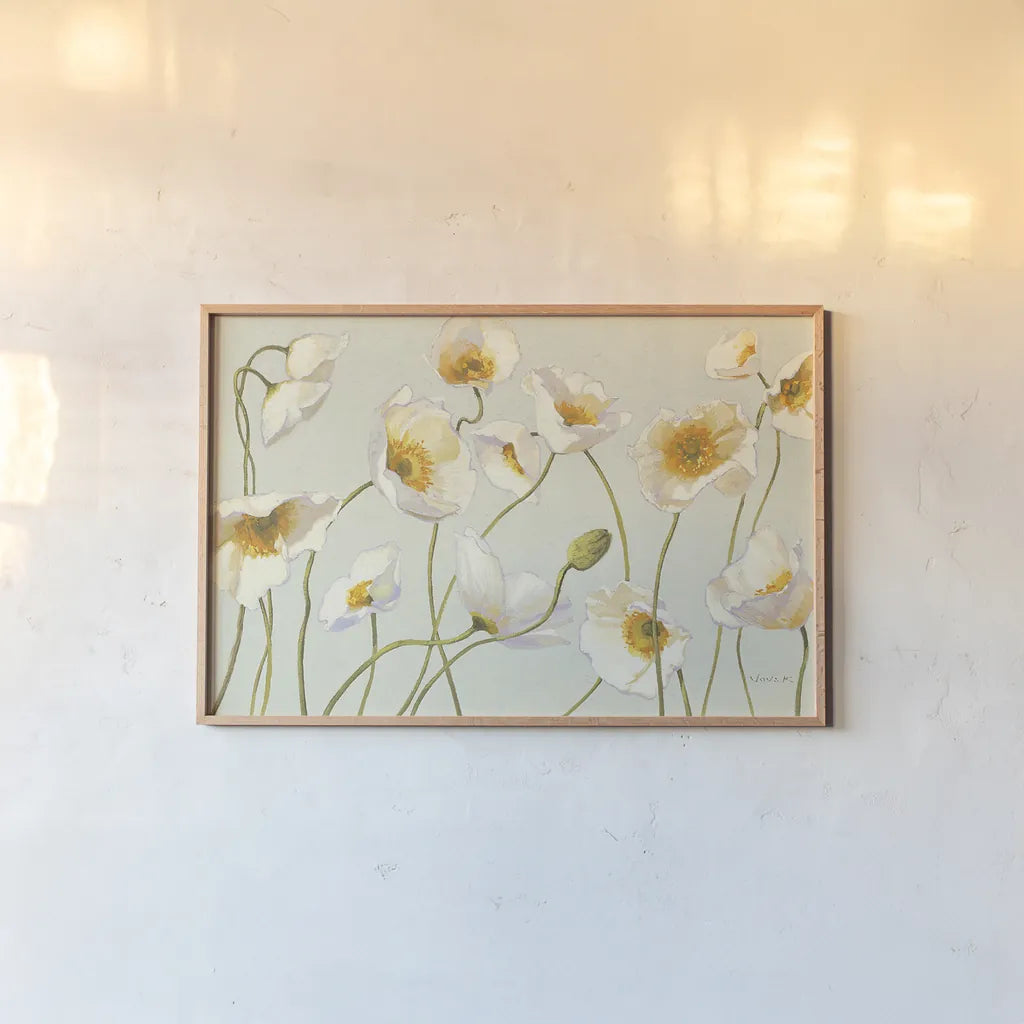 White and Bright Poppies by Shirley Novak. shown as a paper print in a natural frame. Available as a archival giclee rolled canvas, fine art paper, or poster print. SKU 11576i.
