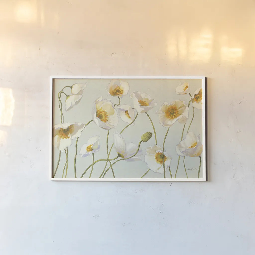 White and Bright Poppies by Shirley Novak. shown as a paper print in a white frame. Available as a archival giclee rolled canvas, fine art paper, or poster print. SKU 11576i.