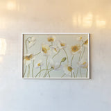 White and Bright Poppies by Shirley Novak. shown as a paper print in a white frame. Available as a archival giclee rolled canvas, fine art paper, or poster print. SKU 11576i.