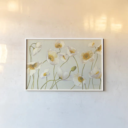 White and Bright Poppies by Shirley Novak. shown as a paper print in a white frame. Available as a archival giclee rolled canvas, fine art paper, or poster print. SKU 11576i.