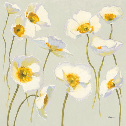 White on White Poppies by Shirley Novak. SKU 11389a. Archival Giclee Fine art print for wall decor.