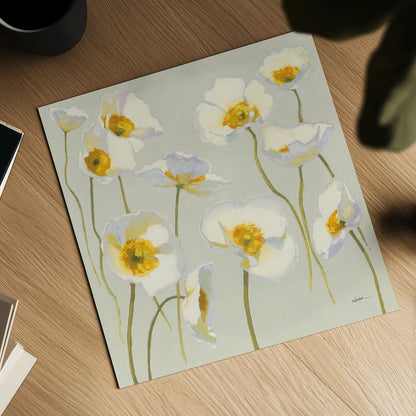 White on White Poppies by Shirley Novak. Shown as a detailed flat fine art print, highlighting archival giclee quality. Available as an archival giclee rolled canvas, fine art paper, or poster print. SKU 11389a.