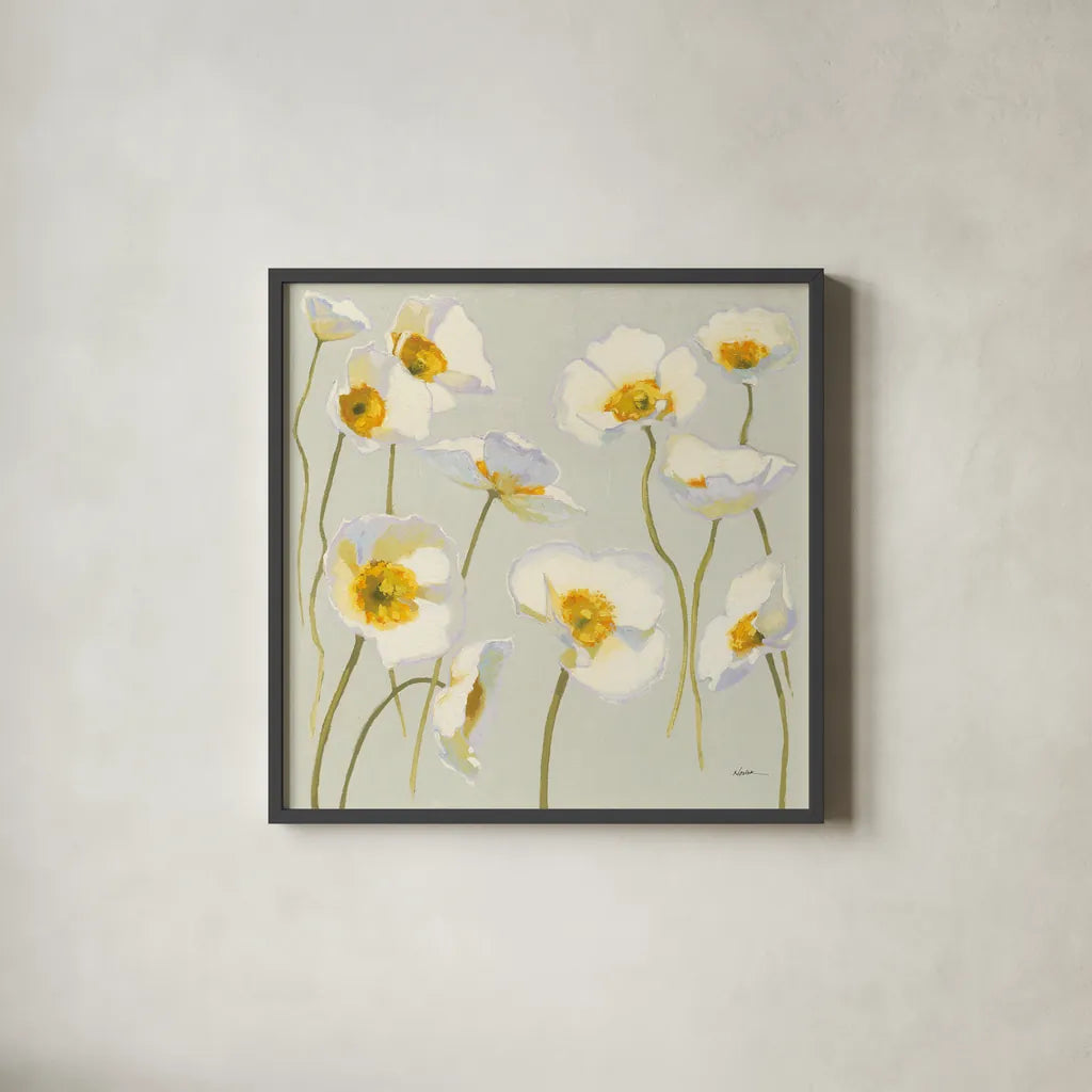 White on White Poppies by Shirley Novak. Shown in a sleek black glass frame for a contemporary gallery look. Available as an archival giclee rolled canvas, fine art paper, or poster print. SKU 11389a.