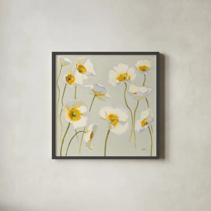 White on White Poppies by Shirley Novak. Shown in a sleek black glass frame for a contemporary gallery look. Available as an archival giclee rolled canvas, fine art paper, or poster print. SKU 11389a.