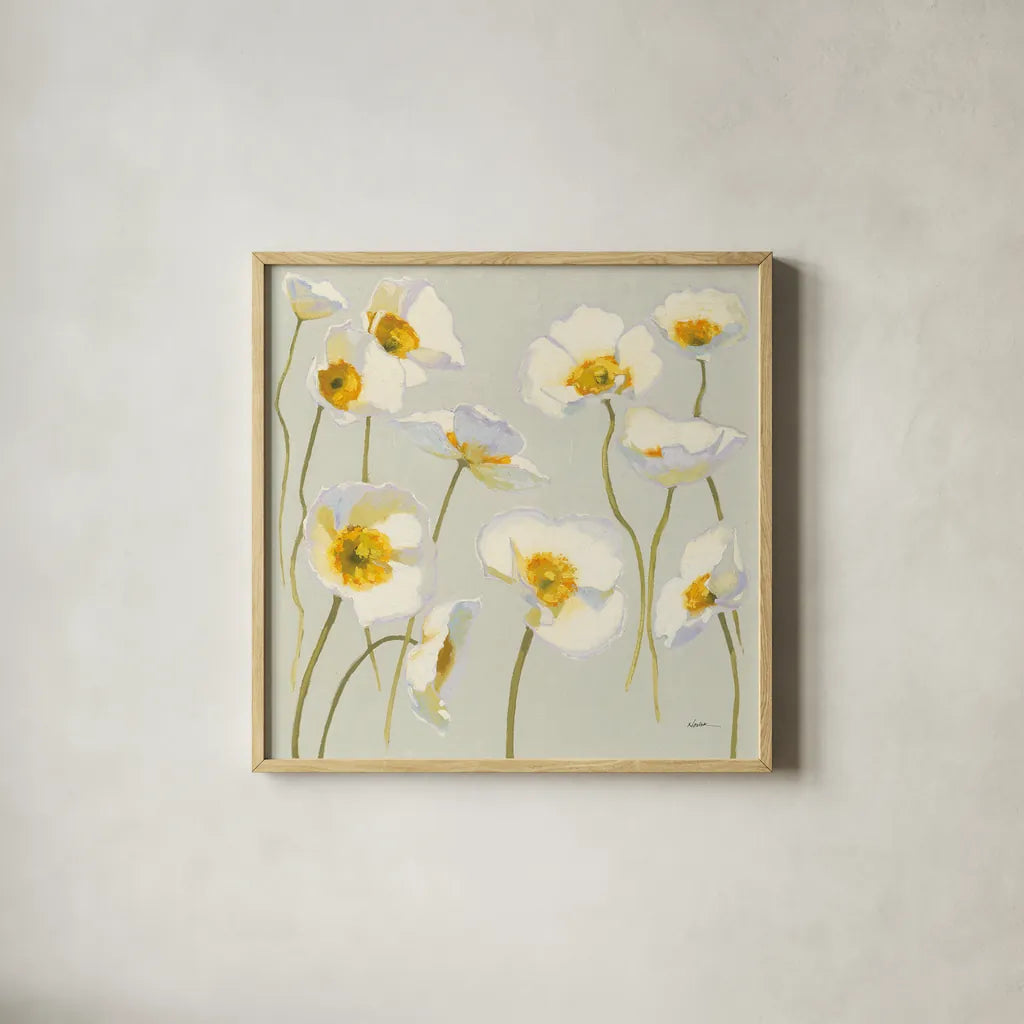 White on White Poppies by Shirley Novak. Shown in a natural wood glass frame for a timeless modern aesthetic. Available as an archival giclee rolled canvas, fine art paper, or poster print. SKU 11389a.
