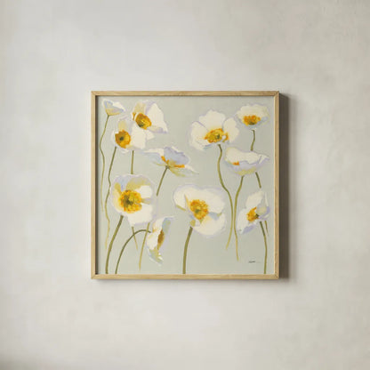 White on White Poppies by Shirley Novak. Shown in a natural wood glass frame for a timeless modern aesthetic. Available as an archival giclee rolled canvas, fine art paper, or poster print. SKU 11389a.