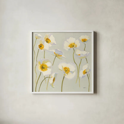 White on White Poppies by Shirley Novak. Shown in a crisp white glass frame for a clean and minimalist style. Available as an archival giclee rolled canvas, fine art paper, or poster print. SKU 11389a.