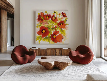 Wild Meadow I by Shirley Novak. Shown as extra-large giant wall art in a modern living room. Available as an archival giclee rolled canvas, fine art paper, or poster print. SKU 30721a.