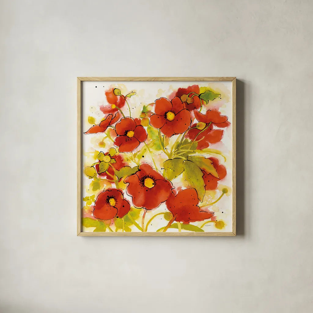 Wild Meadow II by Shirley Novak. Shown in a natural wood glass frame for a timeless modern aesthetic. Available as an archival giclee rolled canvas, fine art paper, or poster print. SKU 30722a.