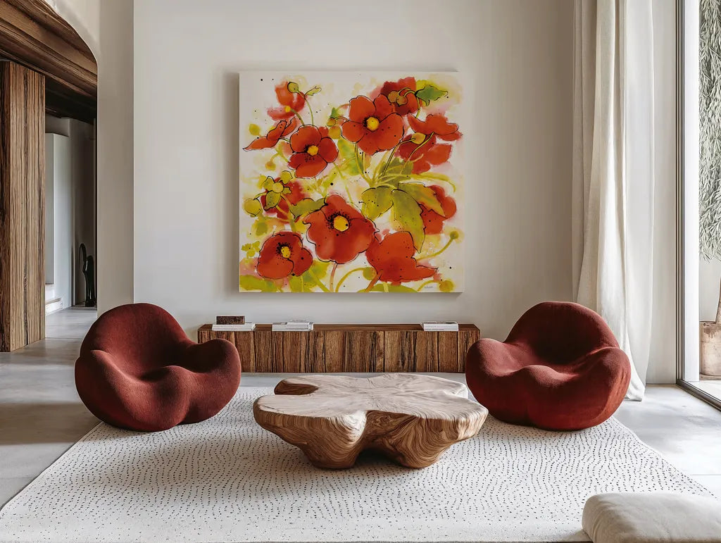 Wild Meadow II by Shirley Novak. Shown as extra-large giant wall art in a modern living room. Available as an archival giclee rolled canvas, fine art paper, or poster print. SKU 30722a.