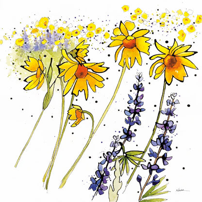 Wild Sunflowers and Lupine by Shirley Novak. SKU 89288a. Archival Giclee Fine art print for wall decor.