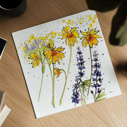 Wild Sunflowers and Lupine by Shirley Novak. Shown as a detailed flat fine art print, highlighting archival giclee quality. Available as an archival giclee rolled canvas, fine art paper, or poster print. SKU 89288a.