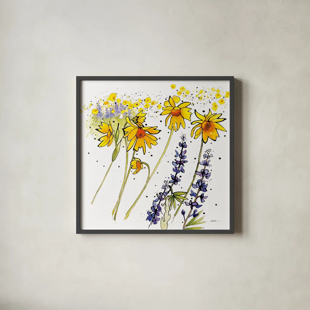Wild Sunflowers and Lupine by Shirley Novak. Shown in a sleek black glass frame for a contemporary gallery look. Available as an archival giclee rolled canvas, fine art paper, or poster print. SKU 89288a.