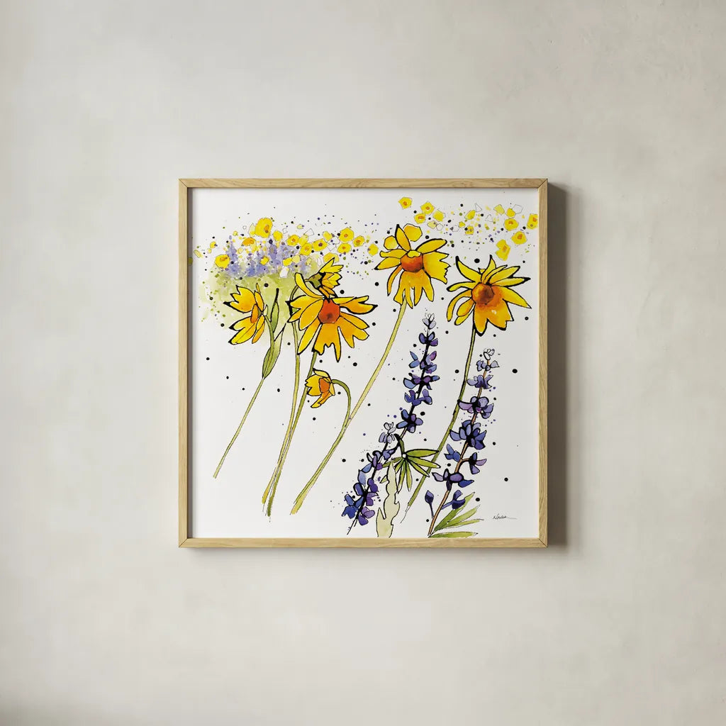 Wild Sunflowers and Lupine by Shirley Novak. Shown in a natural wood glass frame for a timeless modern aesthetic. Available as an archival giclee rolled canvas, fine art paper, or poster print. SKU 89288a.