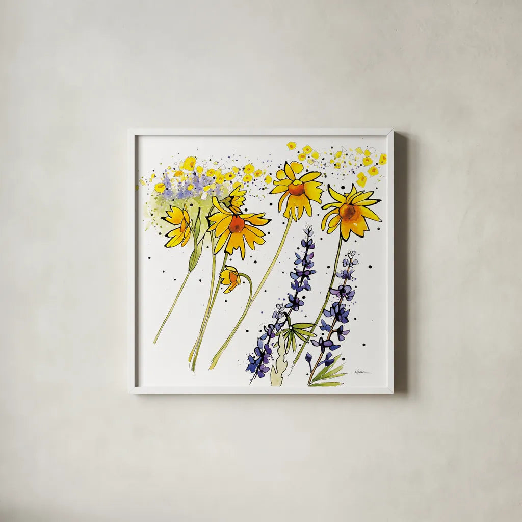 Wild Sunflowers and Lupine by Shirley Novak. Shown in a crisp white glass frame for a clean and minimalist style. Available as an archival giclee rolled canvas, fine art paper, or poster print. SKU 89288a.