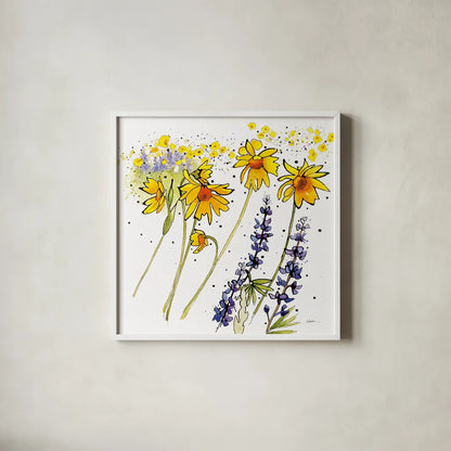 Wild Sunflowers and Lupine by Shirley Novak. Shown in a crisp white glass frame for a clean and minimalist style. Available as an archival giclee rolled canvas, fine art paper, or poster print. SKU 89288a.