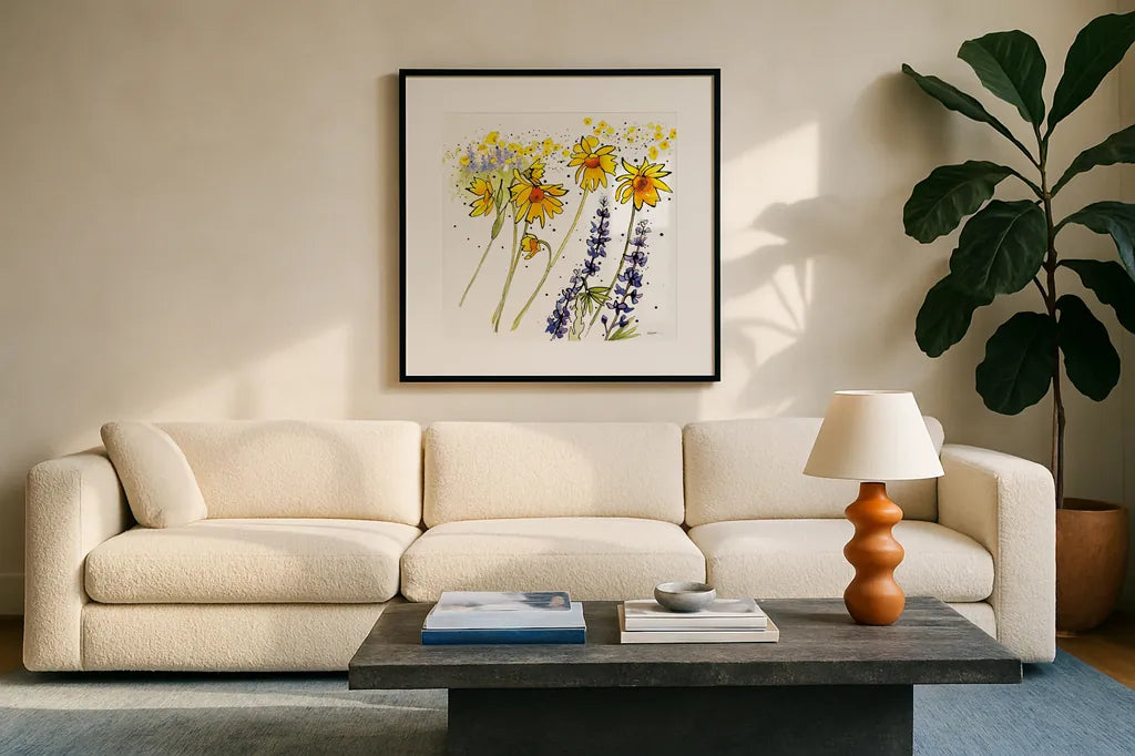 Wild Sunflowers and Lupine by Shirley Novak. Displayed in a glass frame with matte in a clean modern living room. Available as an archival giclee rolled canvas, fine art paper, or poster print. SKU 89288a.