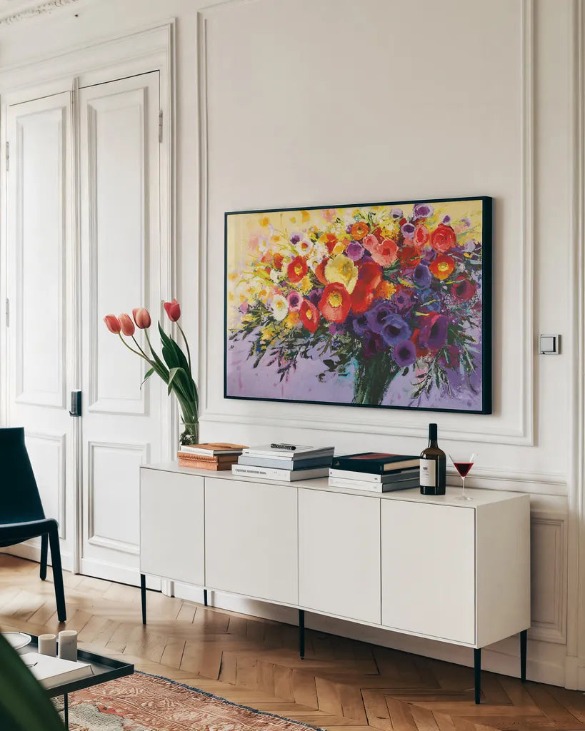 Wild and Flowery by Shirley Novak. shown as a framed stretched canvas in a living room above a console. Available as a archival giclee rolled canvas, fine art paper, or poster print. SKU 89147i.