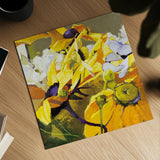 Yellow Action August by Shirley Novak. Shown as a detailed flat fine art print, highlighting archival giclee quality. Available as an archival giclee rolled canvas, fine art paper, or poster print. SKU 91263a.