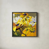 Yellow Action August by Shirley Novak. Shown in a sleek black glass frame for a contemporary gallery look. Available as an archival giclee rolled canvas, fine art paper, or poster print. SKU 91263a.