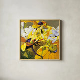 Yellow Action August by Shirley Novak. Shown in a natural wood glass frame for a timeless modern aesthetic. Available as an archival giclee rolled canvas, fine art paper, or poster print. SKU 91263a.