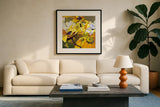 Yellow Action August by Shirley Novak. Displayed in a glass frame with matte in a clean modern living room. Available as an archival giclee rolled canvas, fine art paper, or poster print. SKU 91263a.