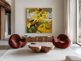 Yellow Action August by Shirley Novak. Shown as extra-large giant wall art in a modern living room. Available as an archival giclee rolled canvas, fine art paper, or poster print. SKU 91263a.