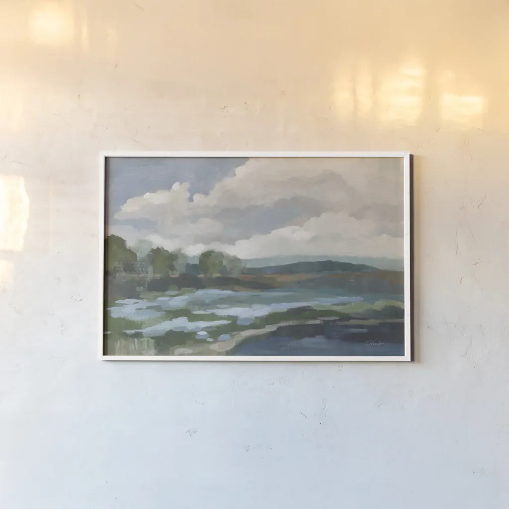  Light Blue Coastal Flowers by Silvia Vassileva. shown as a paper print in a white frame. Available as a archival giclee rolled canvas, fine art paper, or poster print. SKU 85815i.