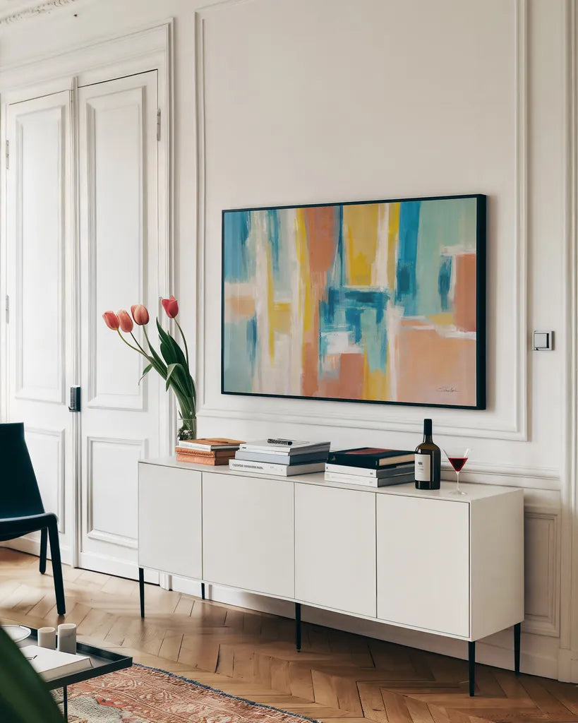 90s Color Blocks by Silvia Vassileva. shown as a framed stretched canvas in a living room above a console. Available as a archival giclee rolled canvas, fine art paper, or poster print. SKU 72297i.