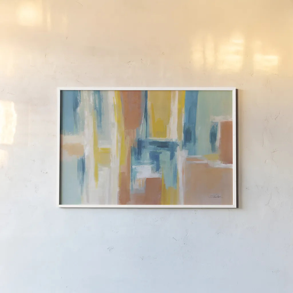 90s Color Blocks by Silvia Vassileva. shown as a paper print in a white frame. Available as a archival giclee rolled canvas, fine art paper, or poster print. SKU 72297i.