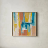 90s Color Blocks Sq by Silvia Vassileva. Shown in a natural wood glass frame for a timeless modern aesthetic. Available as an archival giclee rolled canvas, fine art paper, or poster print. SKU 72572a.