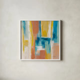 90s Color Blocks Sq by Silvia Vassileva. Shown in a crisp white glass frame for a clean and minimalist style. Available as an archival giclee rolled canvas, fine art paper, or poster print. SKU 72572a.