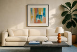 90s Color Blocks Sq by Silvia Vassileva. Displayed in a glass frame with matte in a clean modern living room. Available as an archival giclee rolled canvas, fine art paper, or poster print. SKU 72572a.